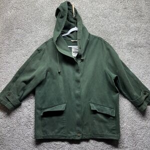 NY 10018 Womens LARGE Green Denim Hooded Full Zip Vintage Barn Chore Jacket RARE